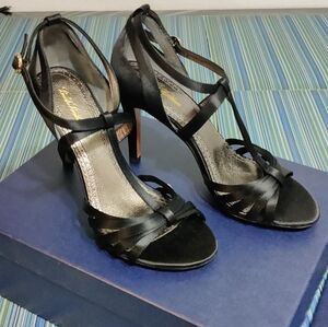 Brooks Brothers, size 6 1/2 black leather + satin high heeled sandals